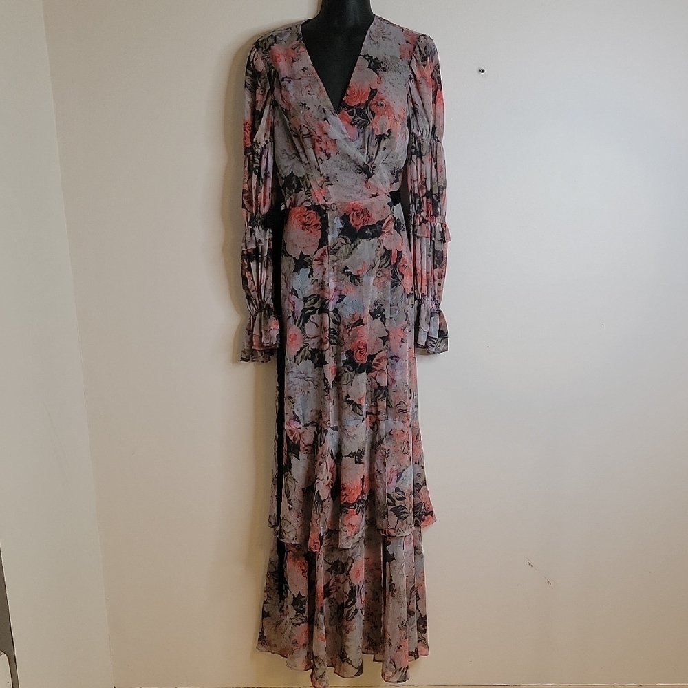 Hutch Pink and Gray Wrap Gown with Bishop Sleeves ANTHROPOLIGIE XS